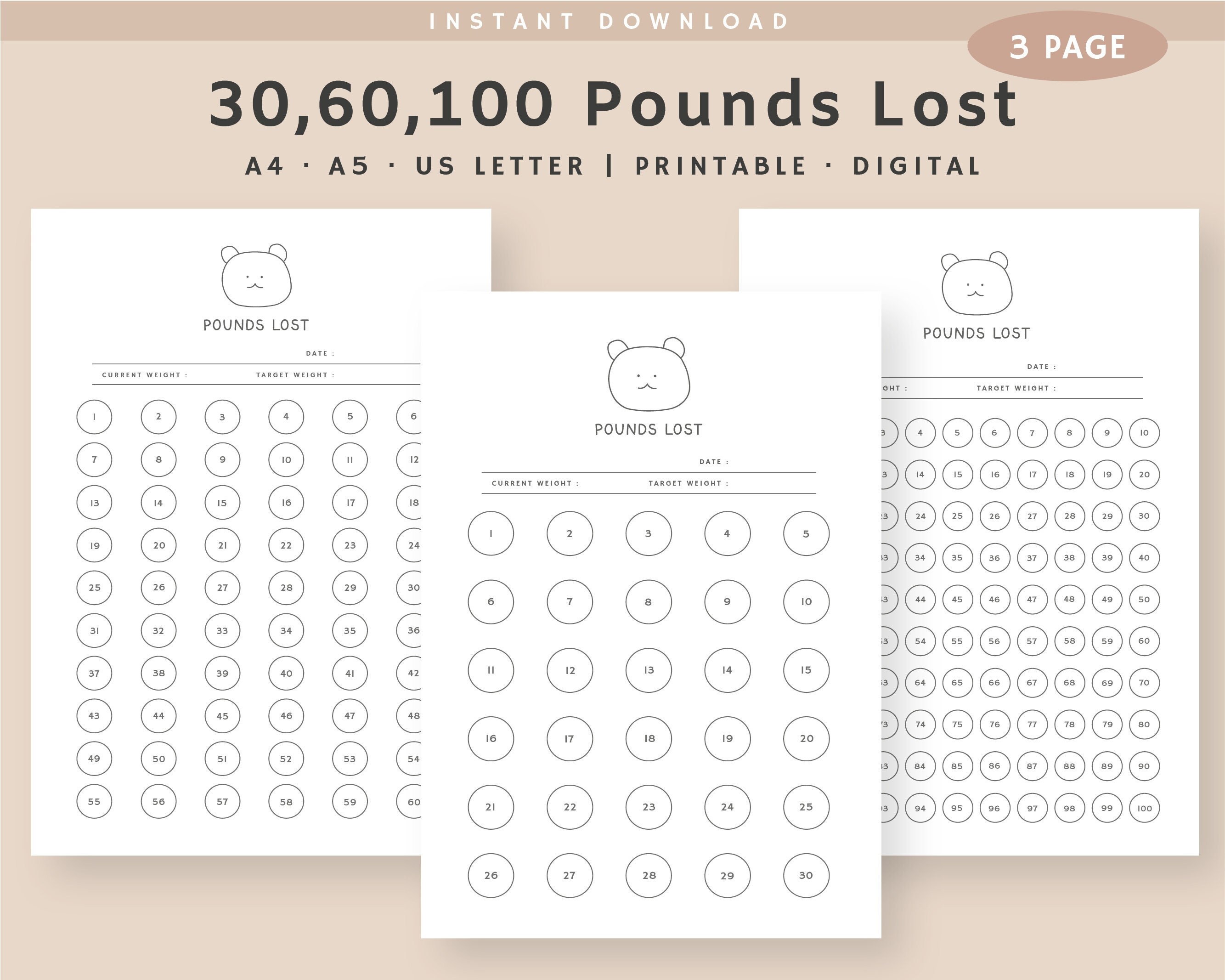30, 60, 100 Pounds Lost Weight Tracker Bundle Printable, Weight Loss ...