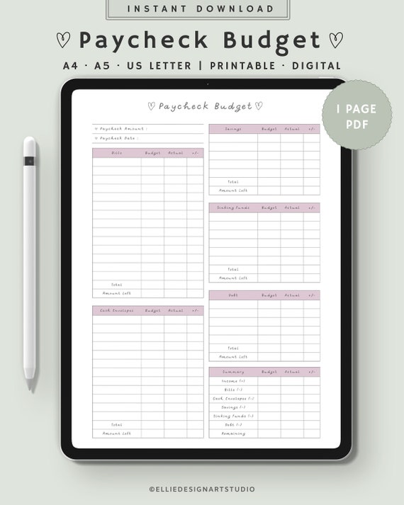 Paycheck budget planner | Paycheck Budget Printable |  Digital budget tracker for Ipad Goodnotes | Instant Download | A4, A5, US Letter PDF