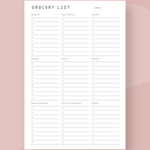 May include: A minimalist grocery list template with sections for produce, meat & fish, pantry, frozen, dairy, bakery, drinks & snacks, fruits & veggies, and other. The text "GROCERY LIST" is at the top. The design is in black and white.