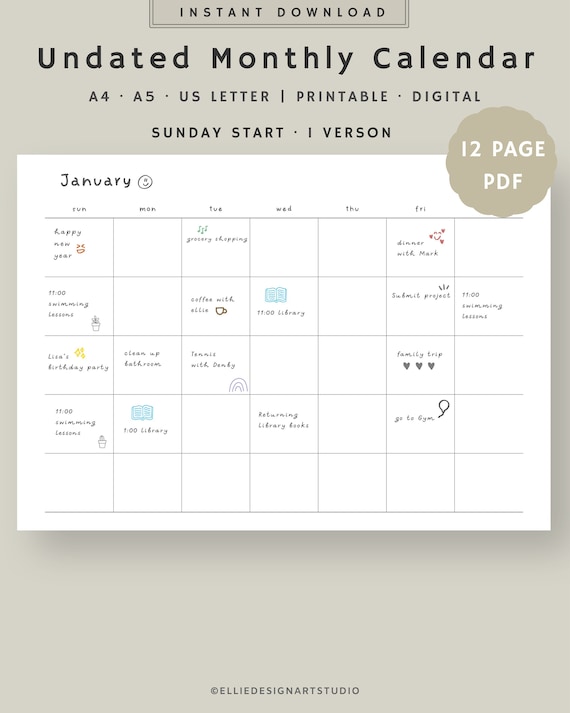 Undated Monthly Calendar Printable Monthly Blank Calendar Simple Calendar  11 X 8.5 Inches Instant Download A4, A5, US Letter PDF - Etsy