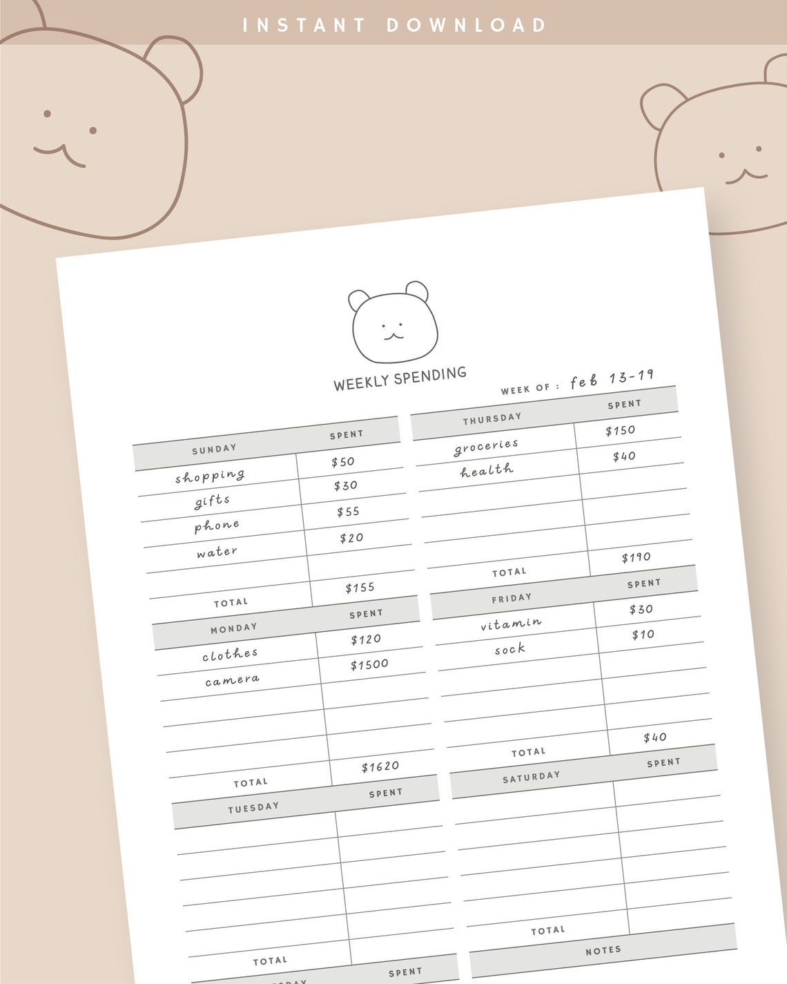 Weekly Expenses Tracker Printable, Expense Tracker, Purchase Tracker ...