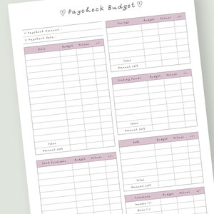 Puede incluir: Un papel blanco titulado "Paycheck Budget" con secciones para rastrear ingresos, facturas, ahorros y deudas. El dise&ntilde;o incluye espacios para el presupuesto, las cantidades reales y los c&aacute;lculos +/-. El texto es de color p&uacute;rpura suave.