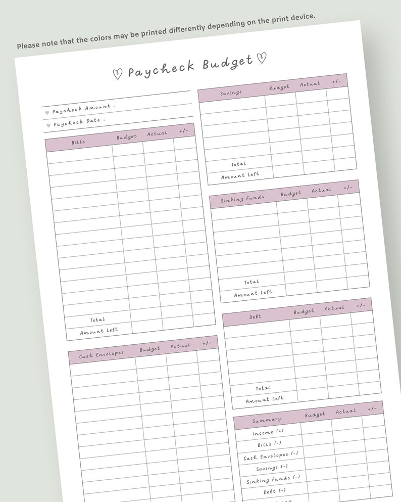 Puede incluir: Un papel blanco titulado "Paycheck Budget" con secciones para rastrear ingresos, facturas, ahorros y deudas. El dise&ntilde;o incluye espacios para el presupuesto, las cantidades reales y los c&aacute;lculos +/-. El texto es de color p&uacute;rpura suave.