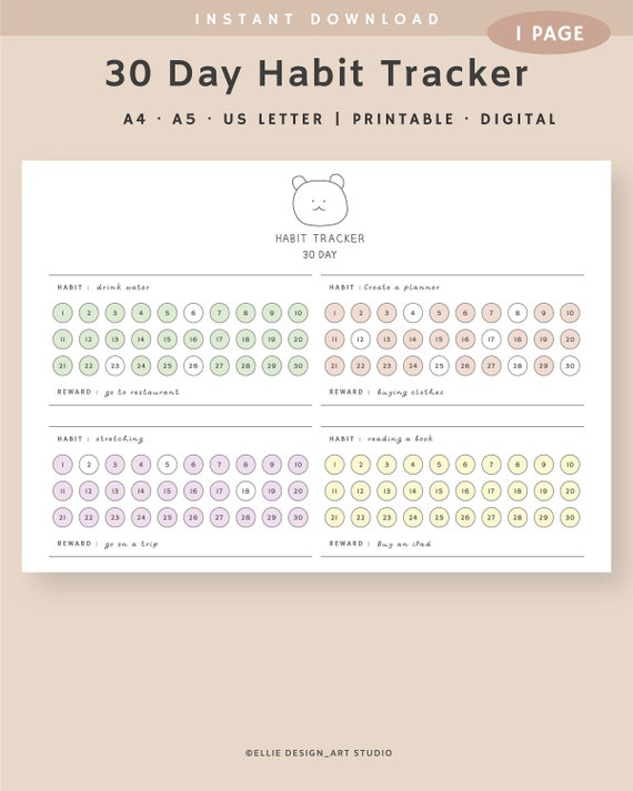 30 Day Habit Tracker Printable, Habit Tracker Landscape, 30 Day Habit Challenge, Routine Checklist, Instant Download, A4, A5, US Letter PDF