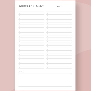 May include: A white shopping list with the text "SHOPPING LIST" at the top. The list has two columns of checkboxes and lines for writing. The words "DATE" and "MEMO" are also present. The text "SHOPPONG LIST VERSION 3" is at the top.