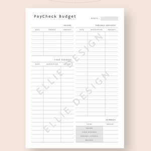 Puede incluir: Una p&aacute;gina imprimible del planificador de presupuesto de n&oacute;mina con secciones para ingresos, gastos fijos y gastos variables. La p&aacute;gina incluye &aacute;reas para registrar fechas, fuentes, descripciones y cantidades. El texto "PayCheck Budget" est&aacute; en la parte superior.