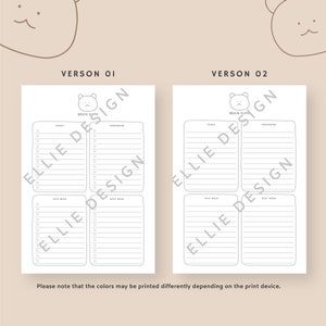 May include: Instant download printable planner pages. Two versions of a daily and weekly planner are shown. Each page has a bear graphic at the top. The text includes "Brain Dump", "Today", "Tomorrow", "This Week", and "Next Week".