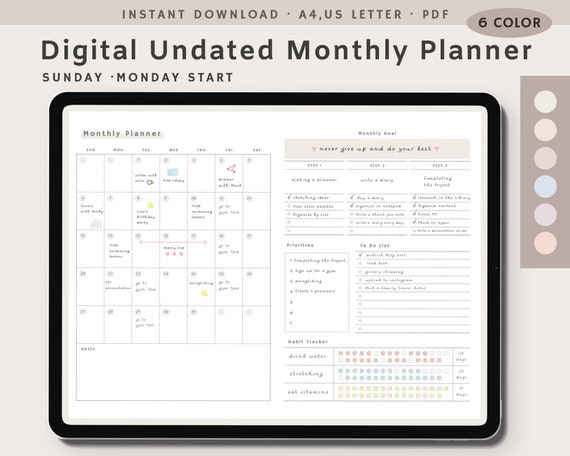 Digital Monthly Calendar, Undated Planner Template for Goodnotes Ipad,  Minimalist Monthly Planner, Instant Download, A4, US Letter PDF - Etsy