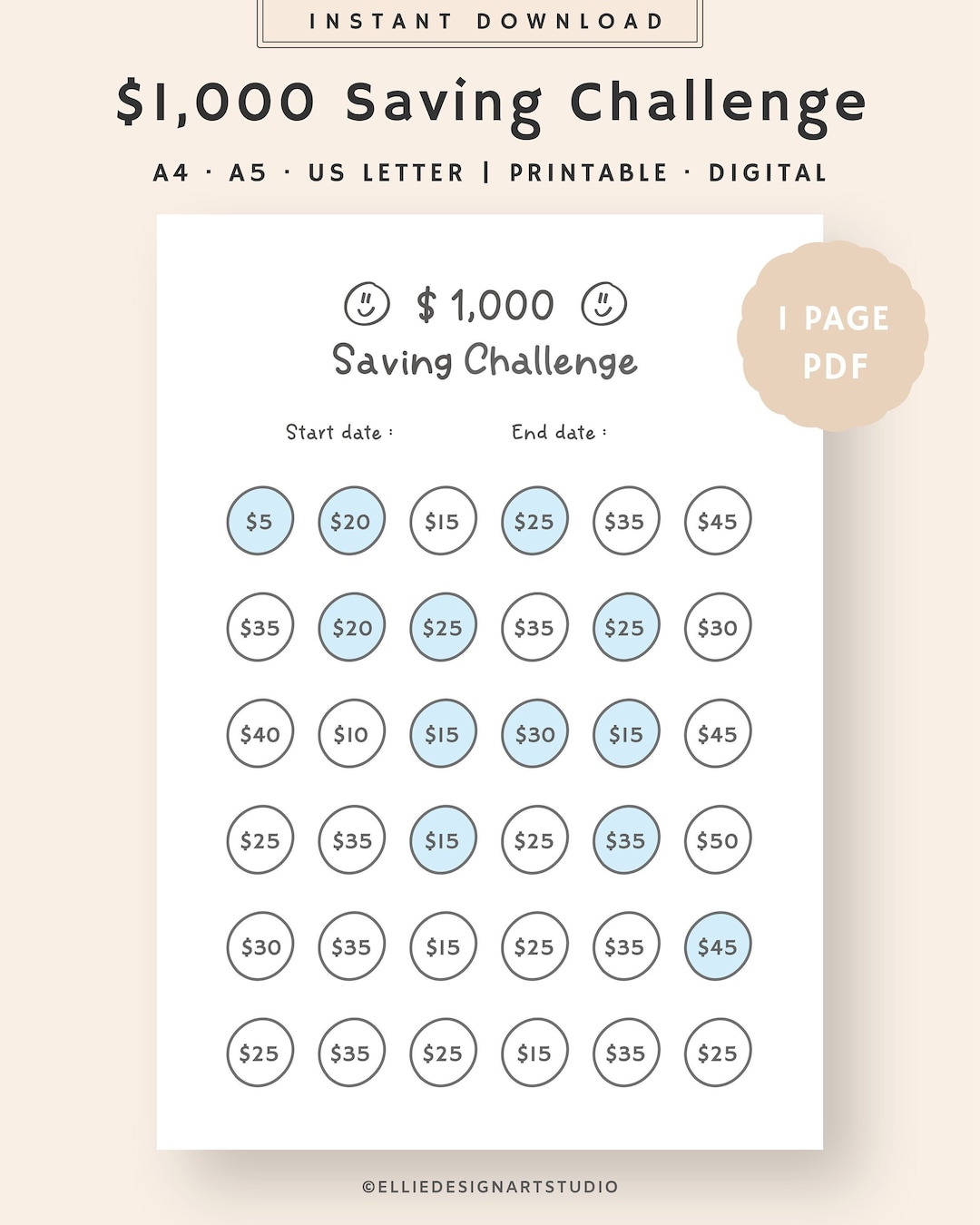 1000 Savings Challenge Printable | Savings Goal | Money Savings ...
