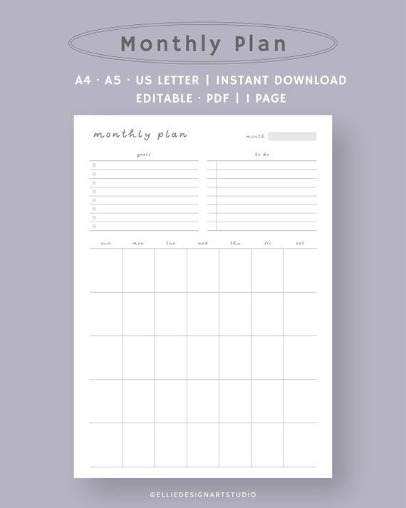 Monthly Planner Template Undated Monthly Planner Printable | Etsy