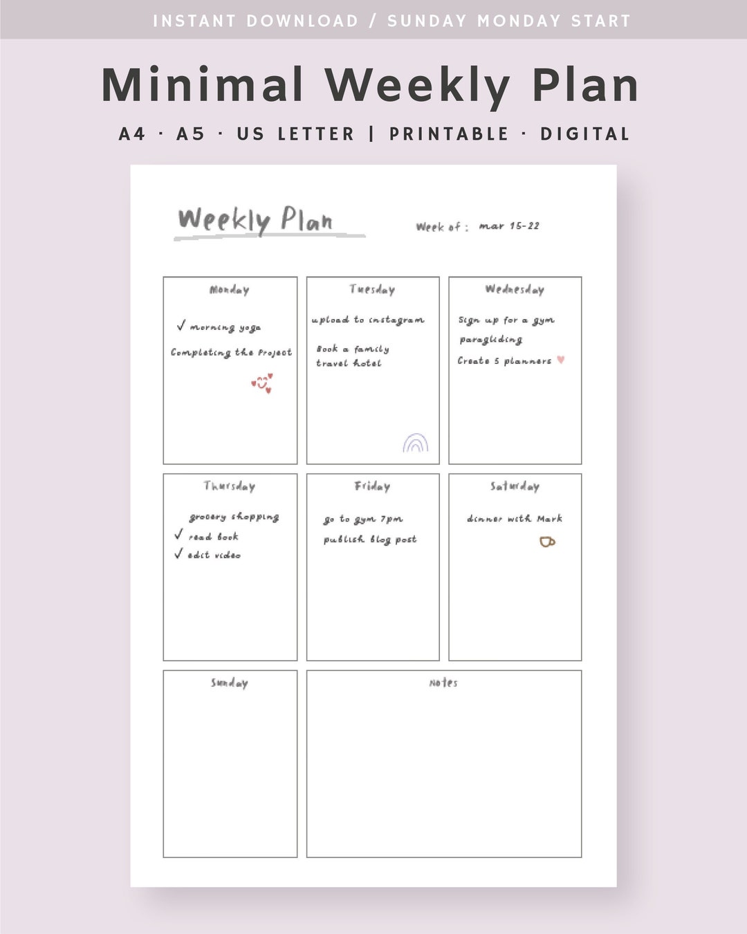Weekly to Do Lists Printable, Minimal Weekly Schedule, Weekly Organizer ...