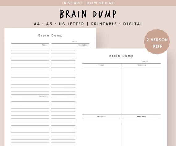 Brain Dump Printable, Brain Dump Planner for Work and Home, Brain Dump Template, Idea Organizer Planner, Instant Download, A4, A5, US Letter