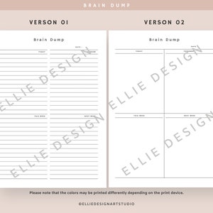 May include: Two-page layout of a Brain Dump planner. Version 01 features lined pages for notes, while Version 02 offers a structured grid. Both versions include sections for 'Today,' 'Tomorrow,' 'This Week,' and 'Next Week.' The text 'Brain Dump' is at the top.