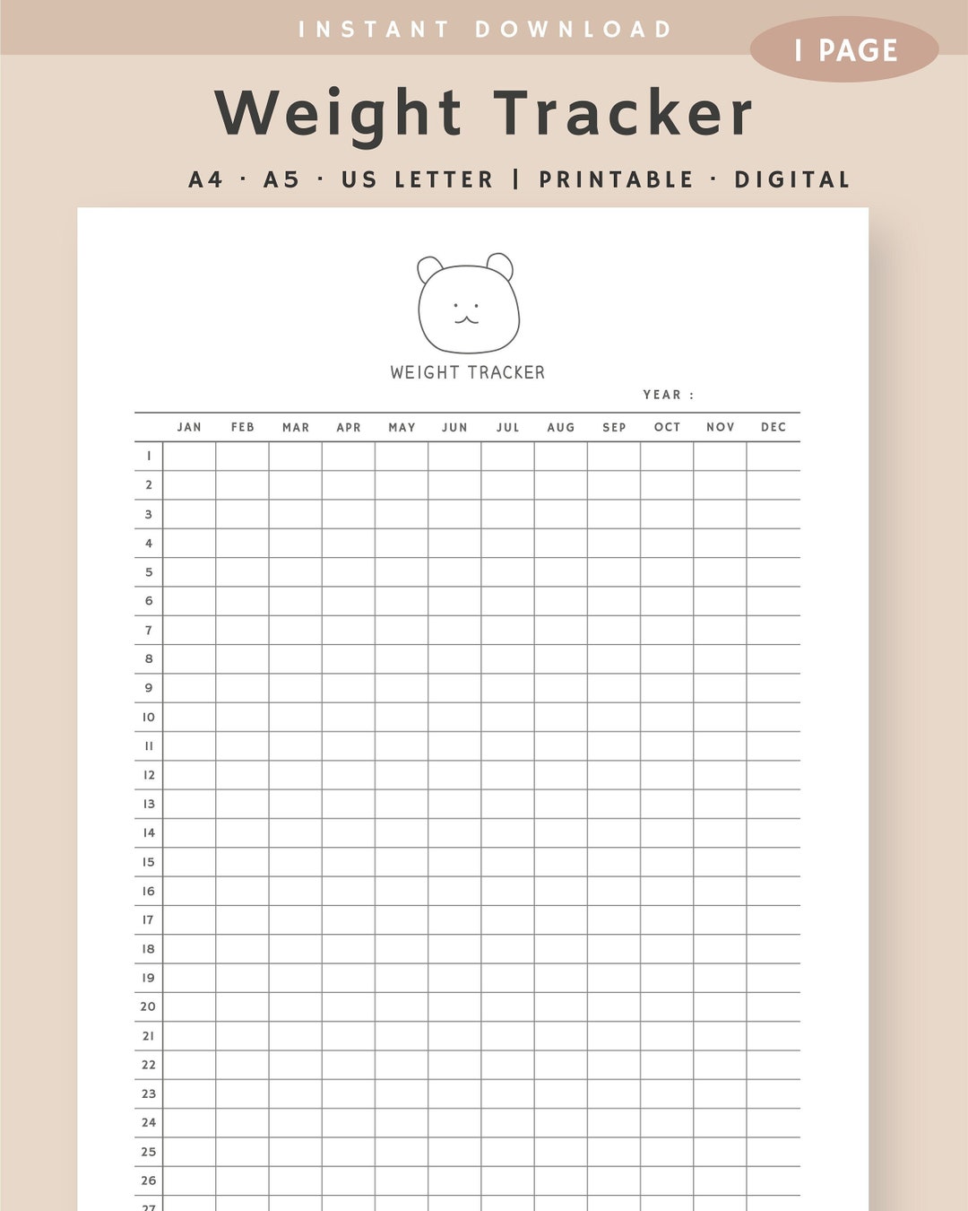 365 Day Weight Tracker Printable, Weight Loss Journal, Daily Weight