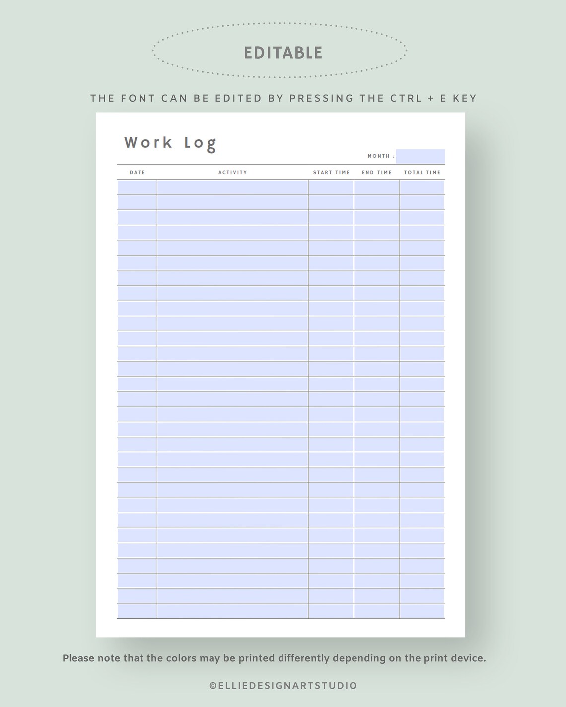 Editable Work Log | Work Log Printable | Time Spent Tracker | Working ...