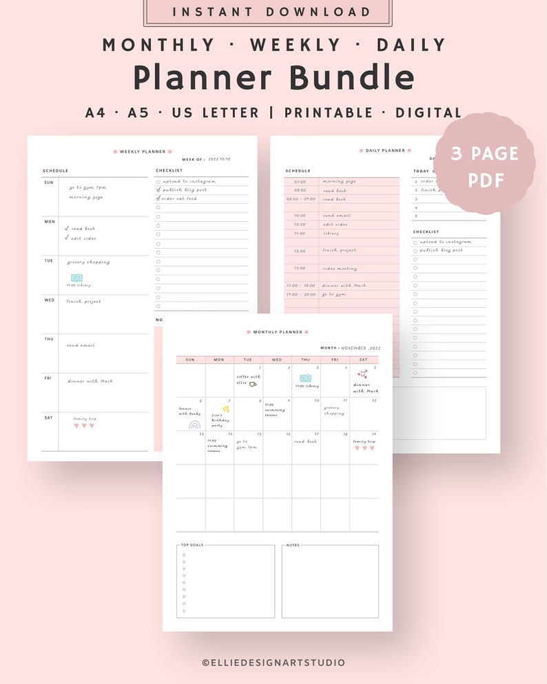 Planner Bundle Printable, Monthly, Weekly, Daily Planner, Digital ...