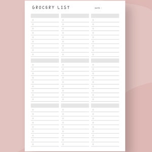 May include: A white grocery list printable with the text "GROCERY LIST" at the top. The list has multiple lines with checkboxes for items. The words "DATE:" are also visible. The design is simple and clean, with a pink background.