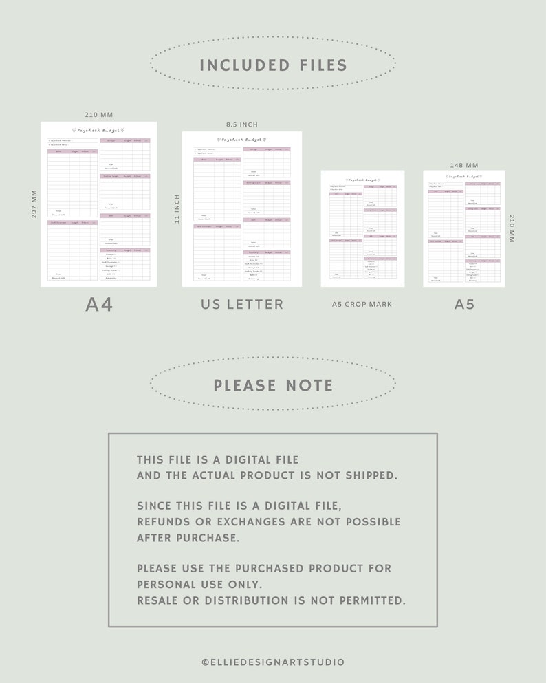 Puede incluir: Archivo digital con cuatro plantillas de planificador de presupuesto en tama&ntilde;os A4 (210 mm x 297 mm), US Letter (21,6 cm x 27,9 cm), A5 Crop Mark y A5 (148 mm x 210 mm). Las plantillas tienen un dise&ntilde;o rosa y blanco. El texto en la imagen dice "Included Files" y "Please Note".