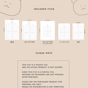 May include: Digital download featuring printable planner pages in A4 (210mm x 297mm), US Letter (8.5 x 11 inches), and A5 (148mm x 210mm) sizes. Includes a note section with usage guidelines. The design has a cute bear theme.