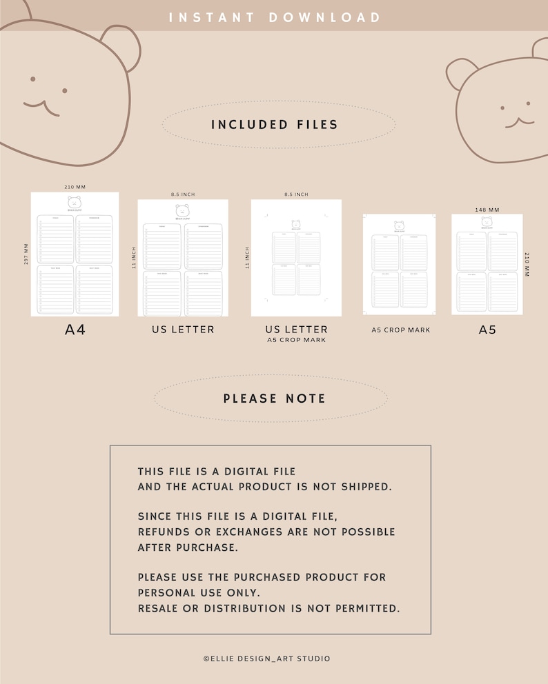 May include: Digital download featuring printable planner pages in A4 (210mm x 297mm), US Letter (8.5 x 11 inches), and A5 (148mm x 210mm) sizes. Includes a note section with usage guidelines. The design has a cute bear theme.