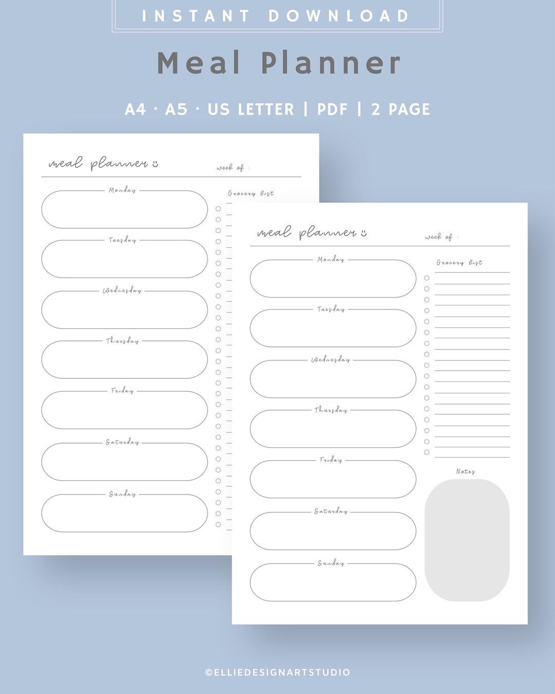 Meal Planner Printable With Grocery List | Weekly Menu Planner | Meal ...