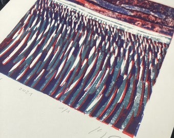 Impression linogravure originale, « Grassland », A4, pièce unique