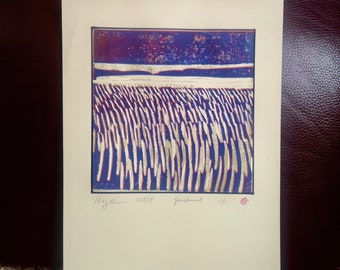 Impression linogravure originale, « Grasland 3 », A4, pièce unique