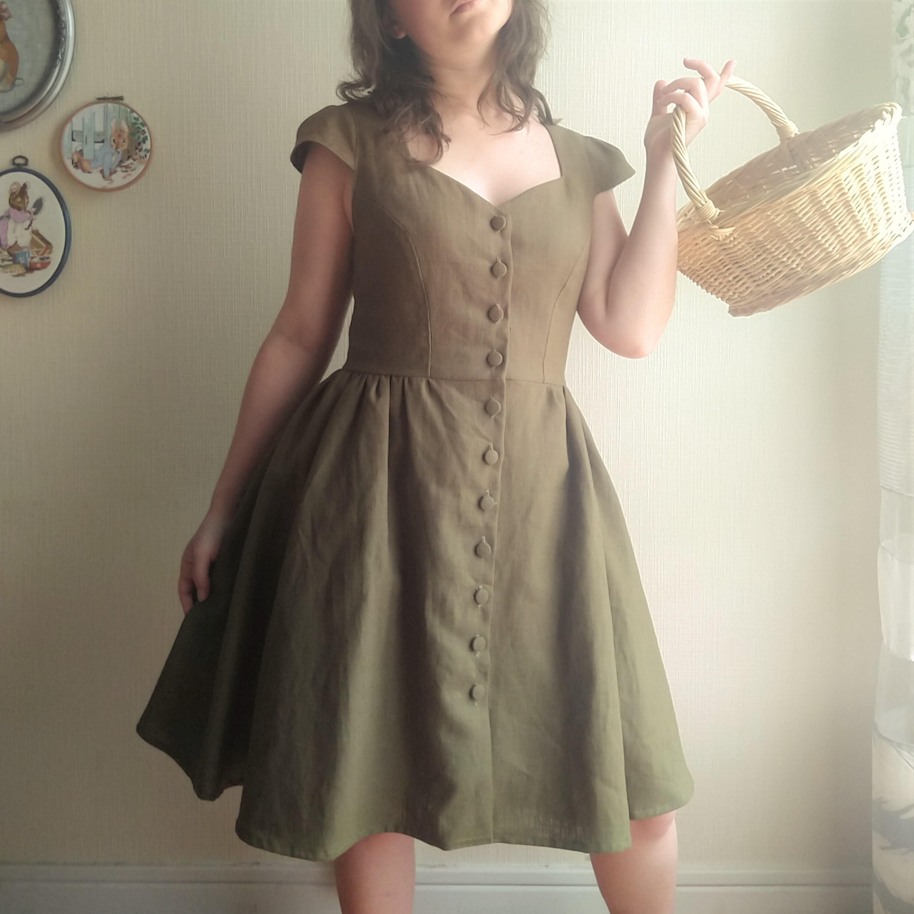 Robe Verte En Lin Made In Italy - Taille L - Longueur Genou - Occasion Très Bon état