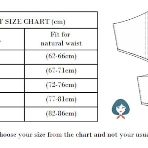 May include: An underbust size chart in centimeters, with sizes XS(36) to XL(44), and corresponding closed waist and natural waist measurements. Two corset-style garment diagrams are shown. Text: "Please choose your size from the chart and not your usual size."