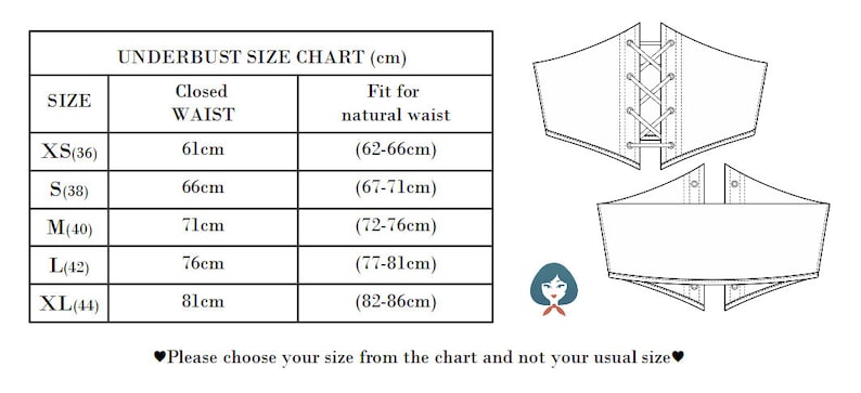 May include: An underbust size chart in centimeters, with sizes XS(36) to XL(44), and corresponding closed waist and natural waist measurements. Two corset-style garment diagrams are shown. Text: "Please choose your size from the chart and not your usual size."