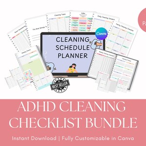 Può includere: Un pacchetto di liste di controllo per la pulizia dell'ADHD con 30 pagine. L'immagine presenta uno schermo di un laptop che mostra "Cleaning Schedule Planner" e diversi quaderni aperti con elenchi di attività di pulizia.