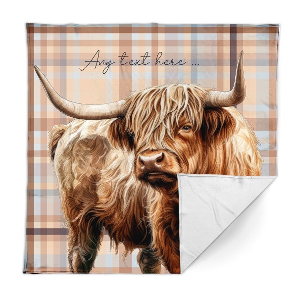 Highland Cow - Beige Check Printed Tartan Fleece Throw Blanket | 150cm x 150cm Large Fleece Blanket | Made In England