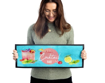 Personalised Bar Runner - Watercolour Cocktails - Blue - Home Bar Accessories