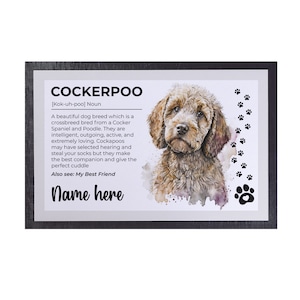 Könnte beinhalten: Eine Aquarell-Illustration eines braunen und weißen Cockerpoo-Hundes mit dem Text "COCKERPOO [Kok-uh-poo] Noun" und "Name here" auf grauem Hintergrund.