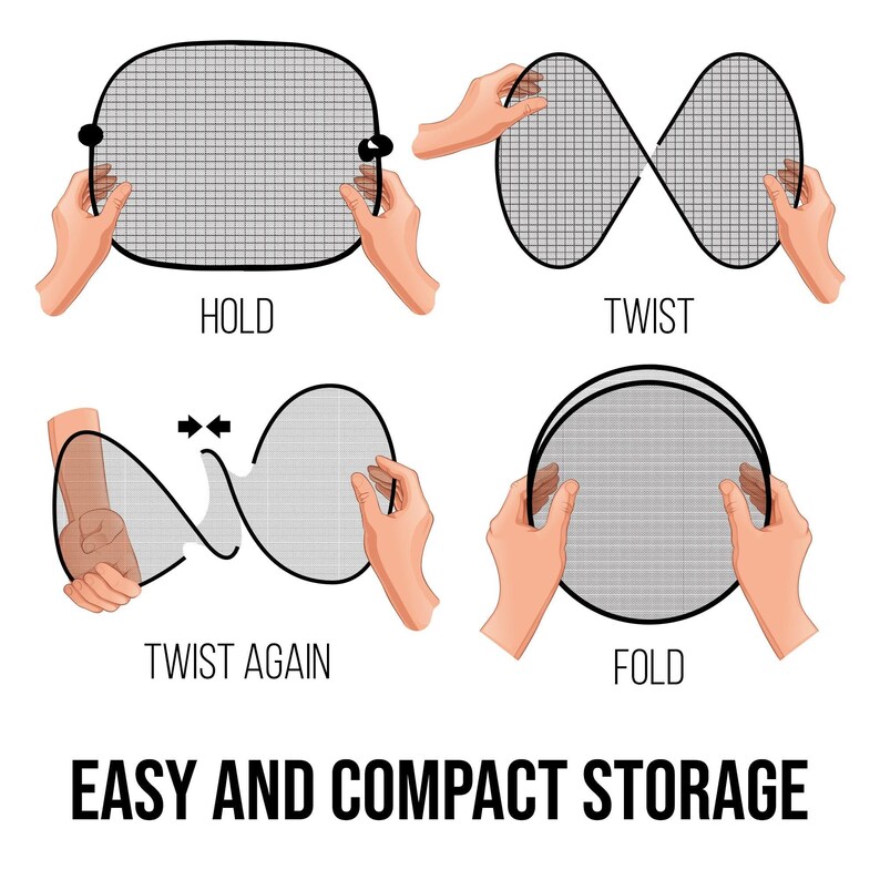 Puede incluir: Una ilustraci&oacute;n paso a paso muestra c&oacute;mo plegar y guardar un colador de malla. Los pasos est&aacute;n etiquetados: HOLD, TWIST, TWIST AGAIN y FOLD. El texto "EASY AND COMPACT STORAGE" est&aacute; en la parte inferior.