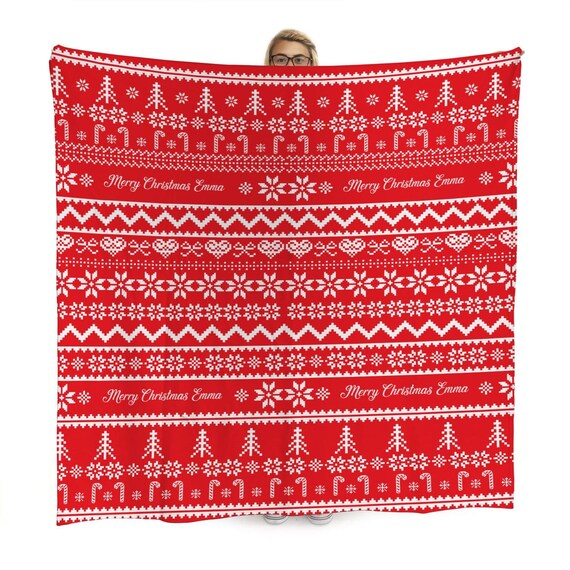 Personalisierte rote Weihnachtspullover Fleece-Decke | 150 cm x 150 cm große Fleecedecke | Hergestellt in England