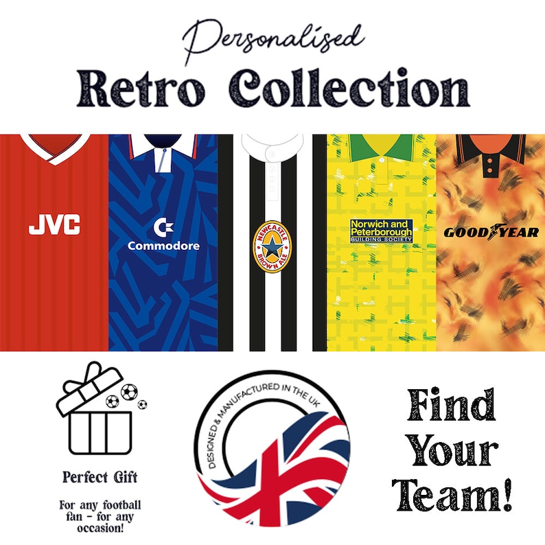 May include: A collection of retro football jerseys with various sponsors, including JVC, Commodore, Newcastle Brown Ale, Norwich and Peterborough Building Society, and Goodyear. The jerseys are displayed against a white background with the text "Personalized Retro Collection" at the top and "Find Your Team!" at the bottom.