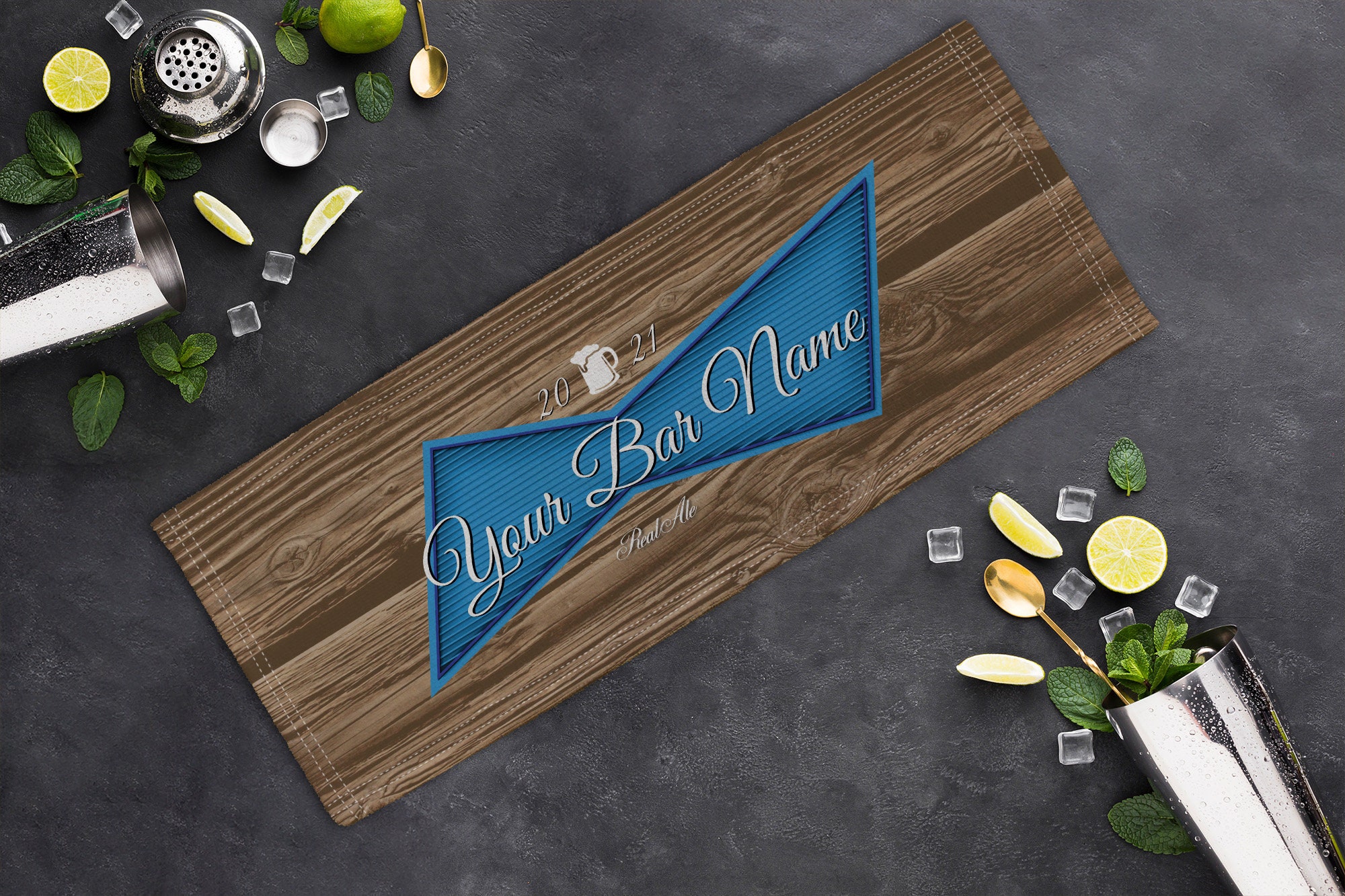 Personalised Wood Effect Blue Beer Label Design Microfibre Bar Towel ...