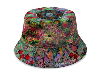 May include: A colorful bucket hat with a psychedelic design. The hat features a vibrant mix of red, green, blue, and yellow hues, with intricate geometric and floral patterns. The brim and crown are fully covered in the artwork.