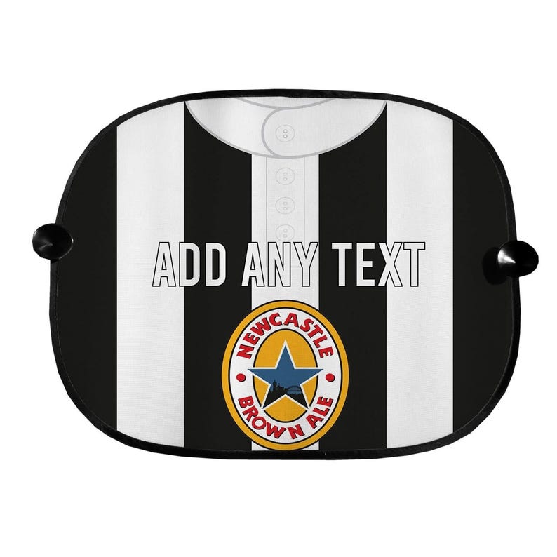 May include: Black and white striped sunshade with the text "ADD ANY TEXT" and a Newcastle Brown Ale logo. The sunshade has a white collar and button detail.