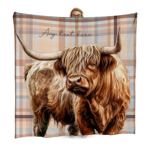 Highland Kuh - Beige Karo Gedruckt Tartan Fleece Decke | 150 cm x 150 cm große Fleecedecke | Hergestellt in England