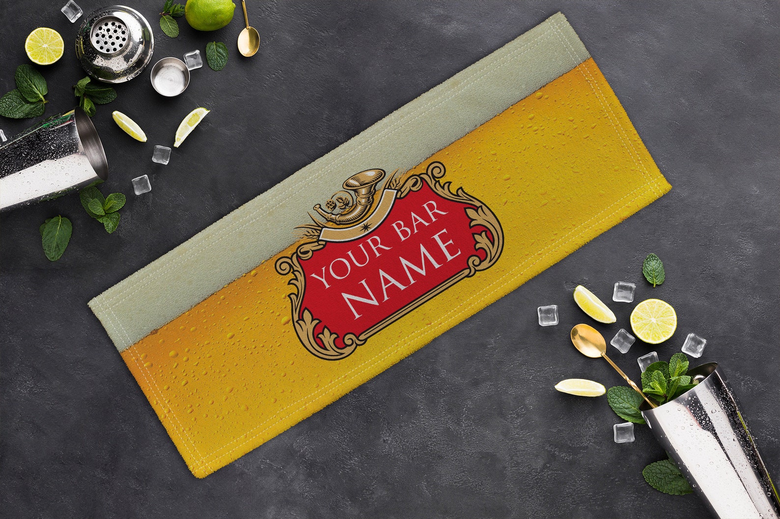 Personalised Red Beer Label Yellow Design Microfibre Bar Towel Man Cave ...