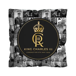 King Charles Coronation - B&W Collage - 45cm Square Cushion - 18&quot; Decorative Cushion