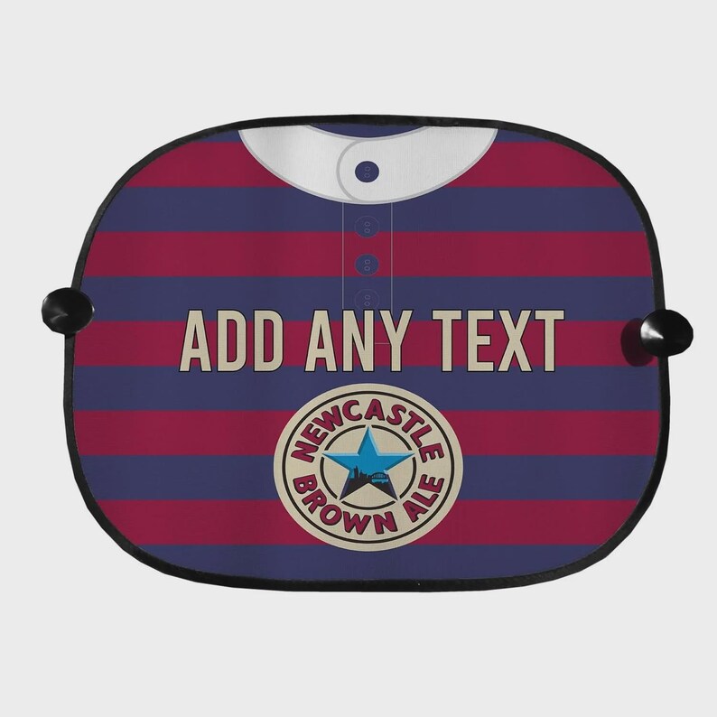 Puede incluir: Parasol para coche con dise&ntilde;o de camiseta de rugby a rayas azul marino y burdeos. Tiene cuello y botones blancos, con el texto "ADD ANY TEXT". Tambi&eacute;n es visible un logotipo circular con una estrella y las palabras "Newcastle Brown Ale".