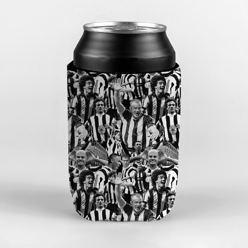 May include: Black and white can cooler featuring a collage of soccer players in striped jerseys. The cooler is designed to fit a standard-sized can and keep beverages cold. A great gift for soccer fans.