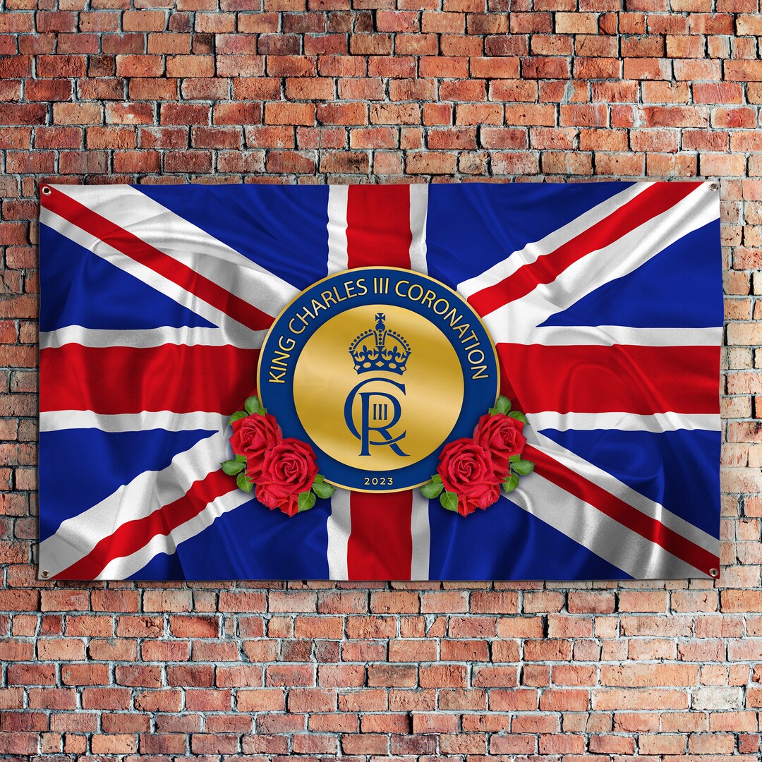 King Charles Coronation Union Jack Roses Commemorative 5ft X 3ft Fabric