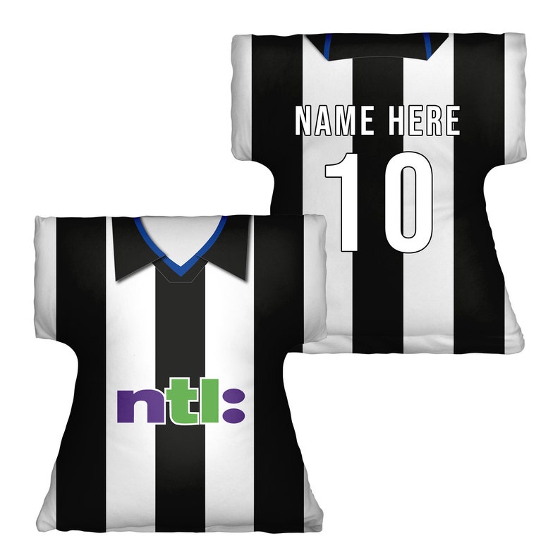 May include: Two jersey-shaped pillows. One displays black and white vertical stripes with the text "ntl:" in purple and green. The other shows the number "10" and the text "NAME HERE" in white on a black and white striped pattern.