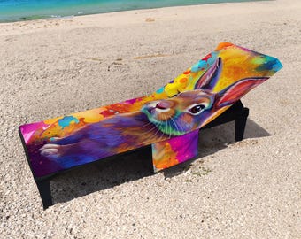 Colourful Rabbit Painting Design - Full Length Sun Lounger Towel with Pockets