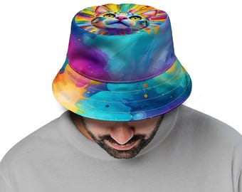 Kleurrijke kattenschilderij vissershoedje - modieuze zonnehoed opvouwbare vissershoed voor buiten . Unisex