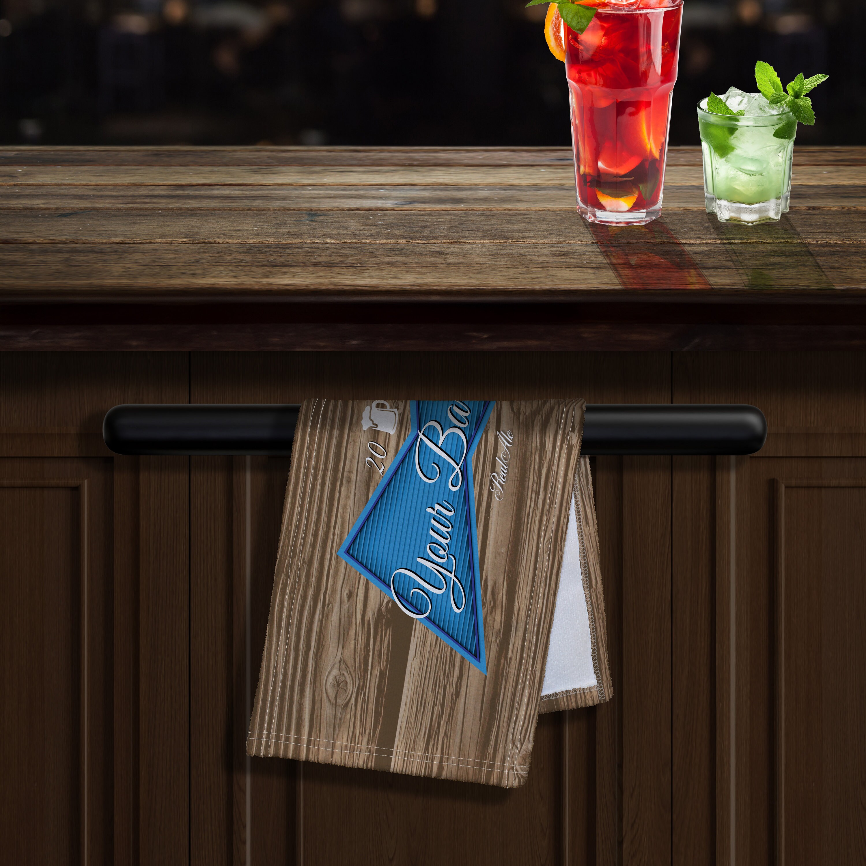 Personalised Wood Effect Blue Beer Label Design Microfibre Bar Towel ...